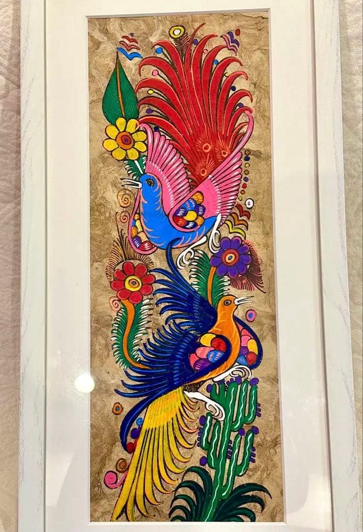 メキシコ　工芸品　民芸品　色鮮やか　鳥と花　絵画　アート　ハンドメイド　【額付】