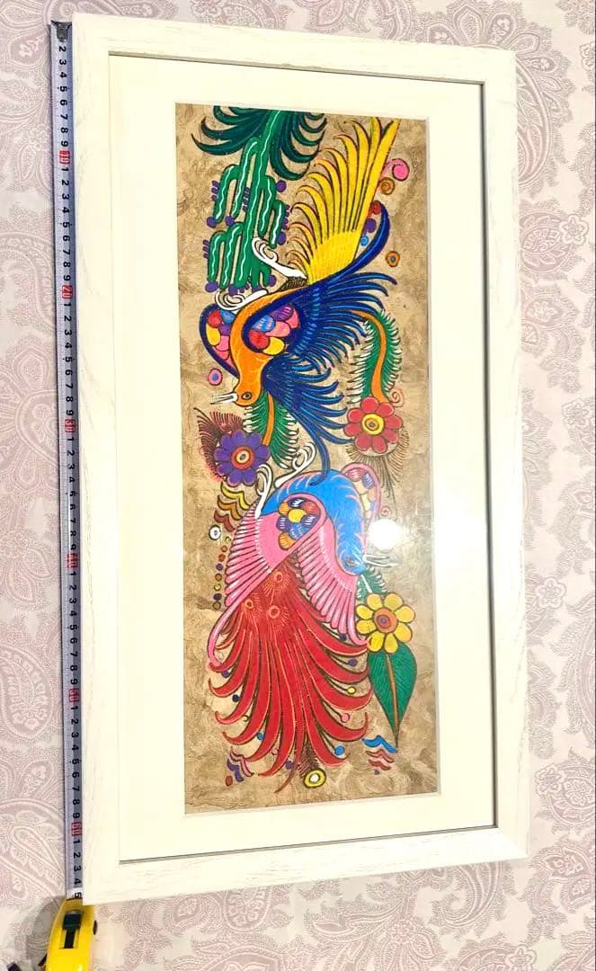 メキシコ　工芸品　民芸品　色鮮やか　鳥と花　絵画　アート　ハンドメイド　【額付】