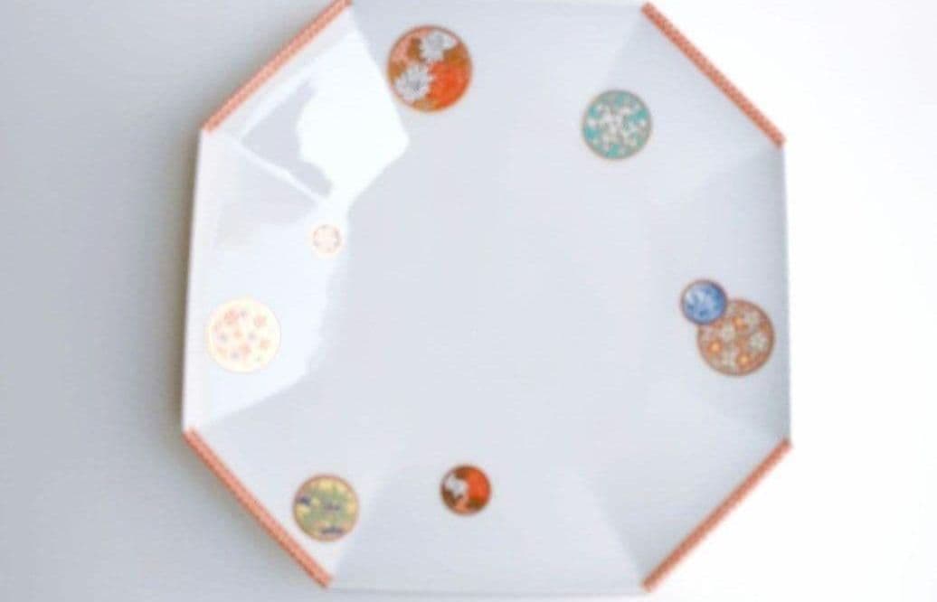 深川製磁　寿赤丸絵　８角皿 2枚