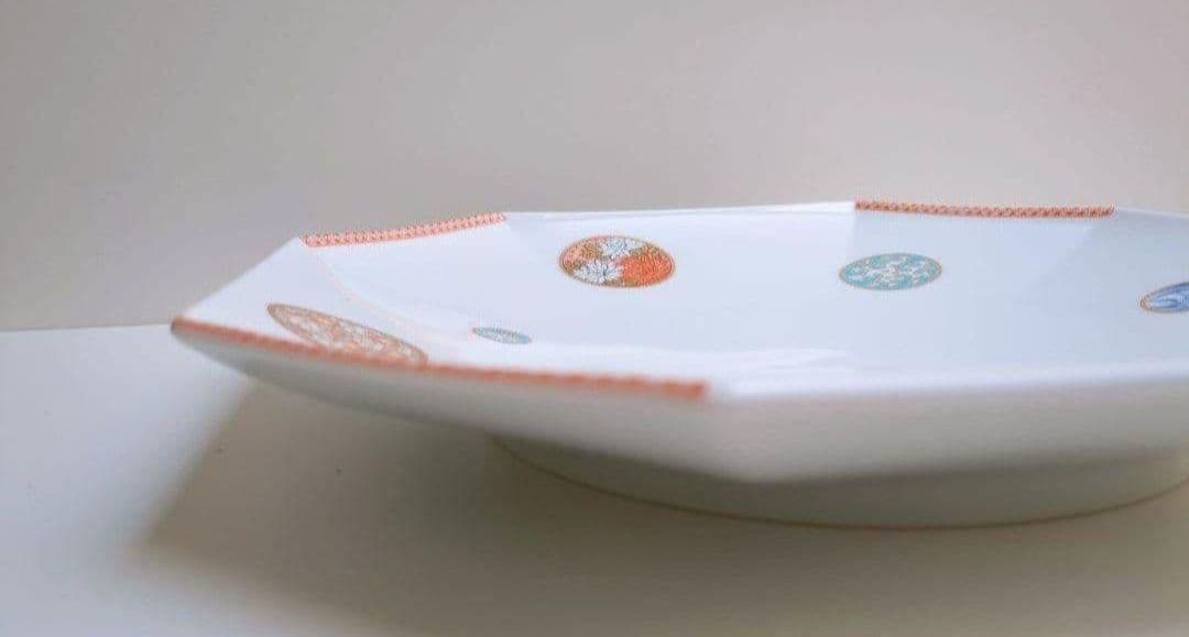深川製磁　寿赤丸絵　８角皿 2枚