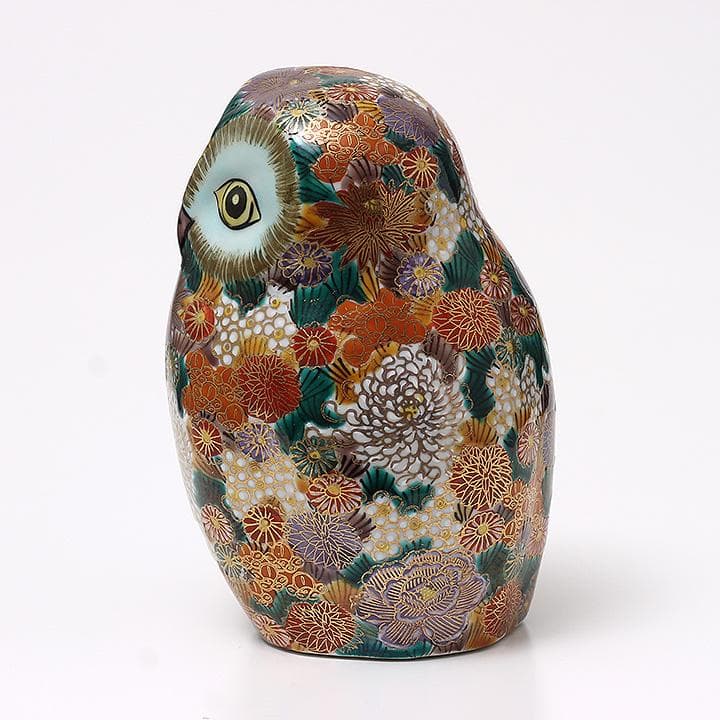 九谷焼 フクロウの置物 陶三九谷落款 高さ17cm 伝統工芸 縁起物　中古美品