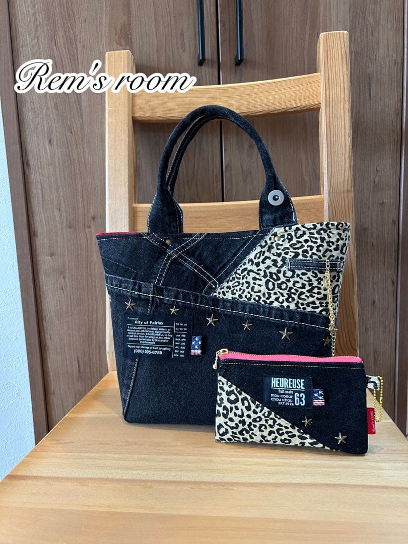 ☆*⭐︎(⁎ᴗ ᴗ⁎)⭐︎*☆ブラックデニムリメイク☆トートバッグ＆ミニポーチ