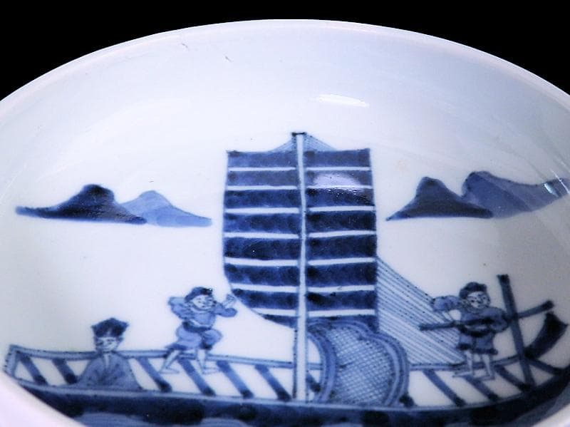 古伊万里　染付　船頭に帆掛け船の図　膾皿　5寸皿　B188AS-CUm