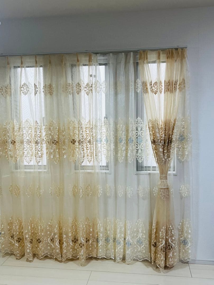 刺繍レースカーテン クローバー ラッキー 刺繍柄 おしゃれ