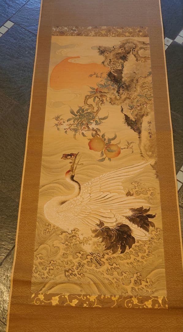 瀧和亭 貞信 海鶴蟠桃図 掛軸 箱書有 大判 明治期