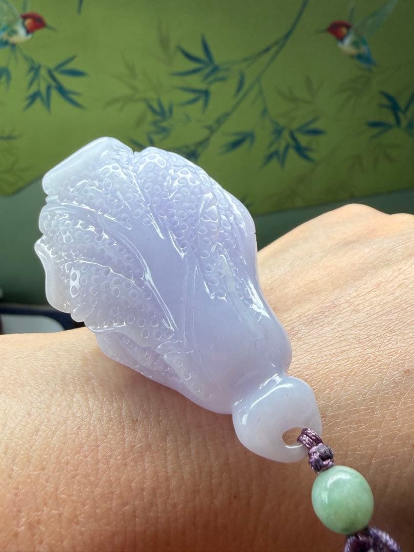 デカイ❣️天然本翡翠　リアル⭐️手彫ラベンダー【発財】白菜ネックレス　鑑定書付き
