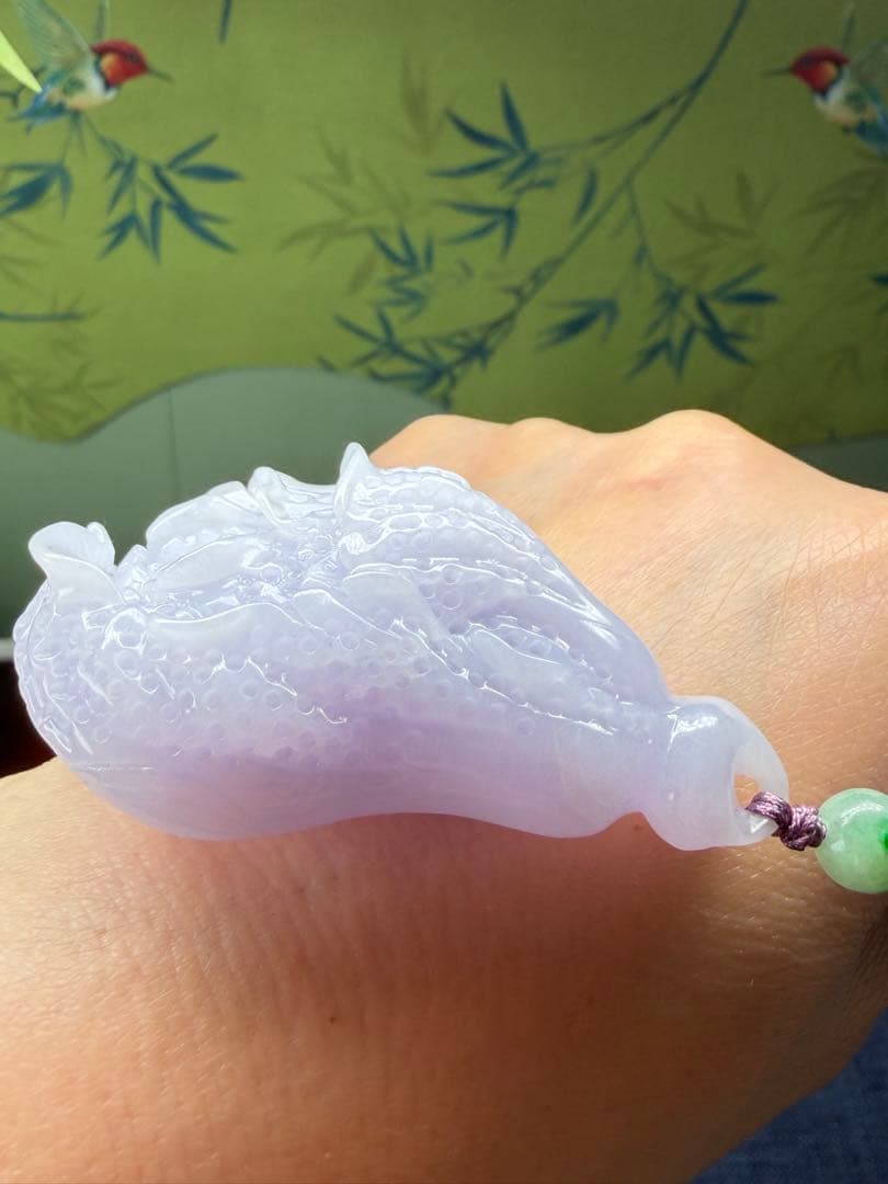 デカイ❣️天然本翡翠　リアル⭐️手彫ラベンダー【発財】白菜ネックレス　鑑定書付き