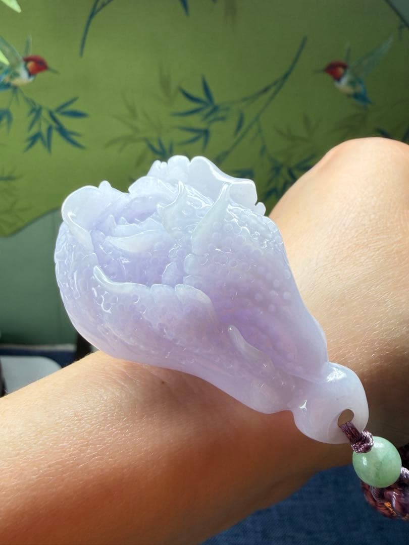 デカイ❣️天然本翡翠　リアル⭐️手彫ラベンダー【発財】白菜ネックレス　鑑定書付き