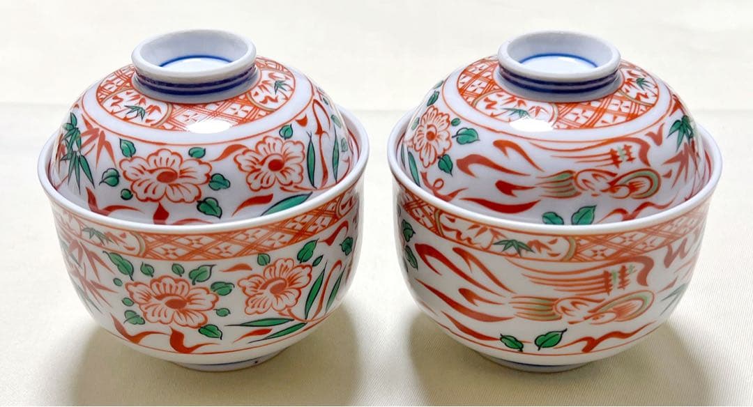 有田焼　喜峰窯　赤絵花竹鳥文　蓋付き碗＆漆器半月皿＆スブ－ン　茶碗蒸し器セット