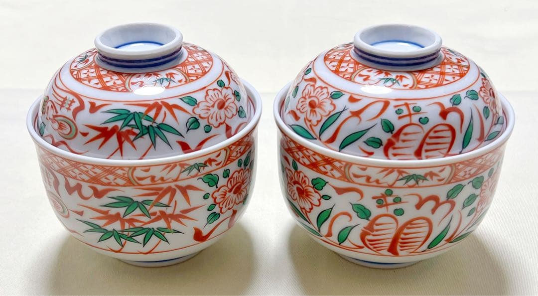 有田焼　喜峰窯　赤絵花竹鳥文　蓋付き碗＆漆器半月皿＆スブ－ン　茶碗蒸し器セット