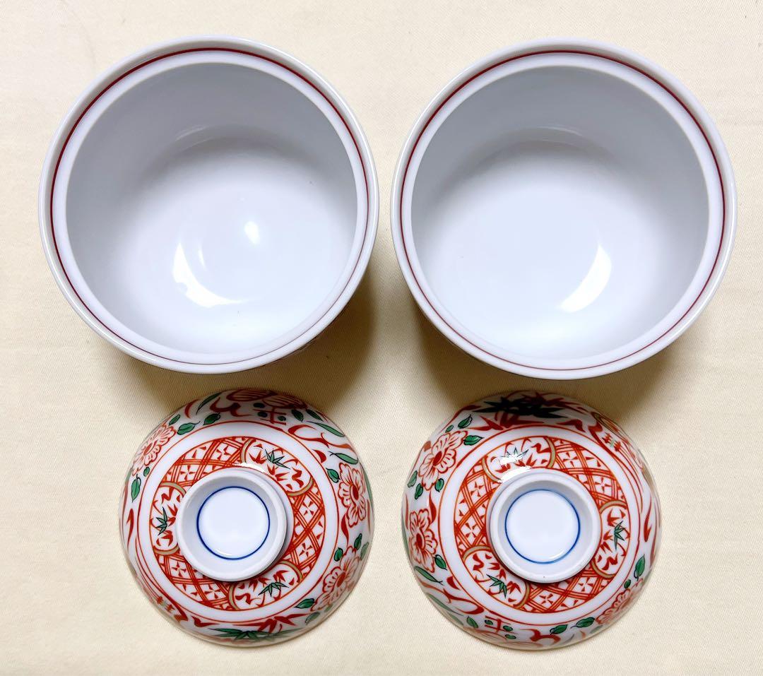 有田焼　喜峰窯　赤絵花竹鳥文　蓋付き碗＆漆器半月皿＆スブ－ン　茶碗蒸し器セット