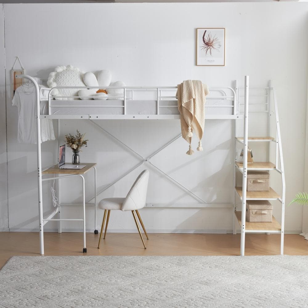 ロフトベッド【S】デスク・収納・コンセント付き 北欧風 スチール 耐震WHITE