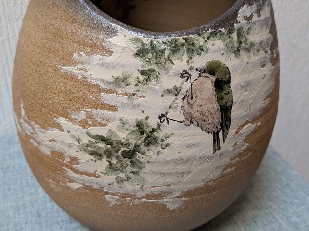 九谷焼 中村陶志人（なかむらとしと）作 鳥の図 花器 花瓶 木札付 保存箱付