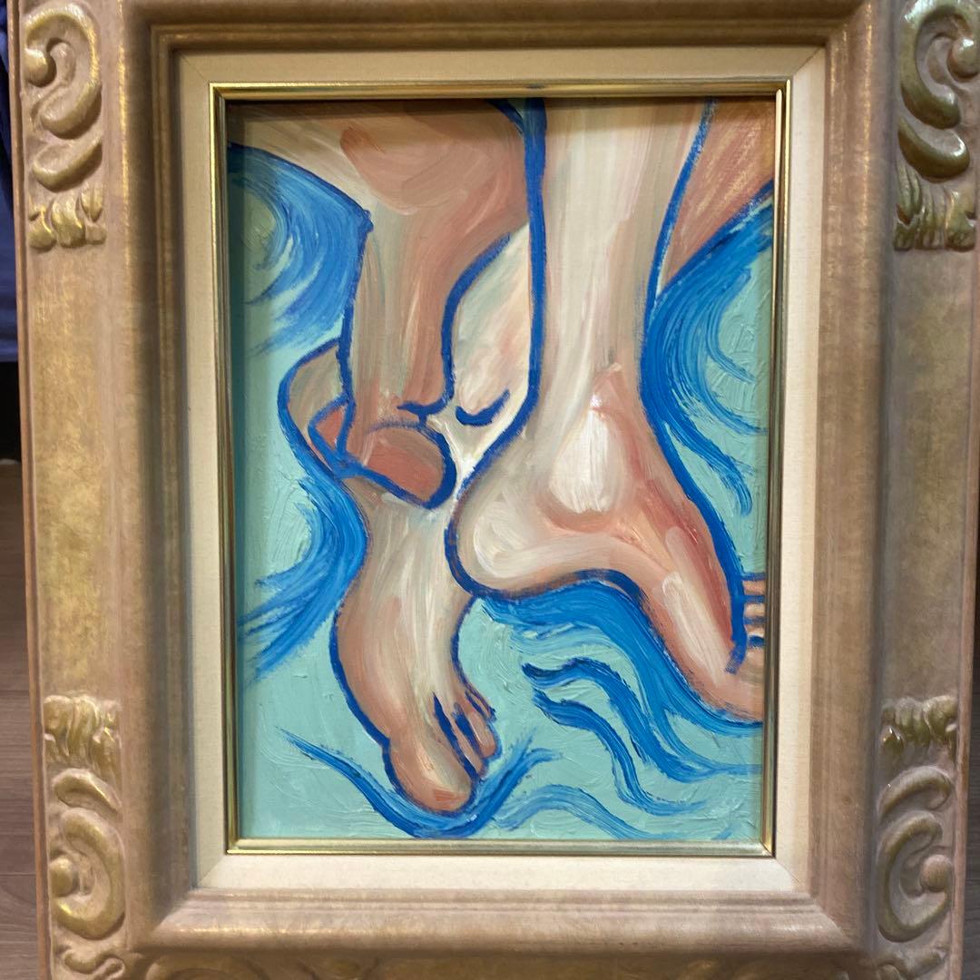 足の油彩画 金色フレーム付き