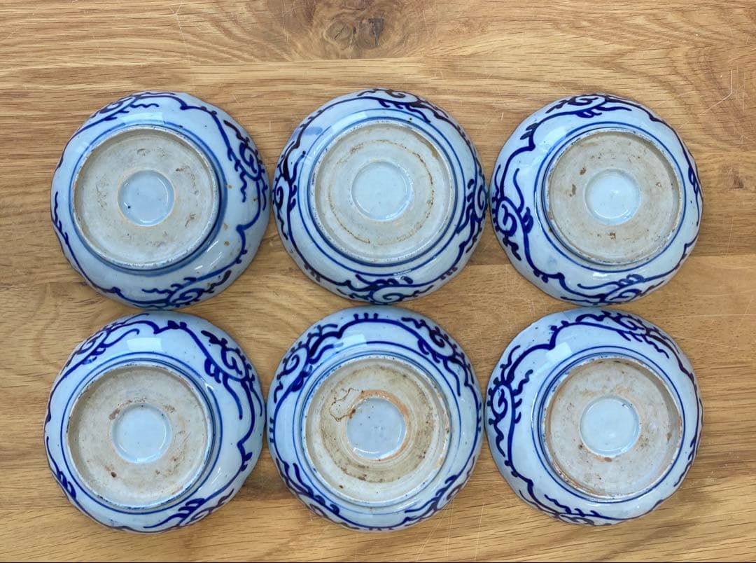 値下！藍古染付 古伊万里 松竹梅 タコ唐草紋　6枚セット　13.5cm なます皿
