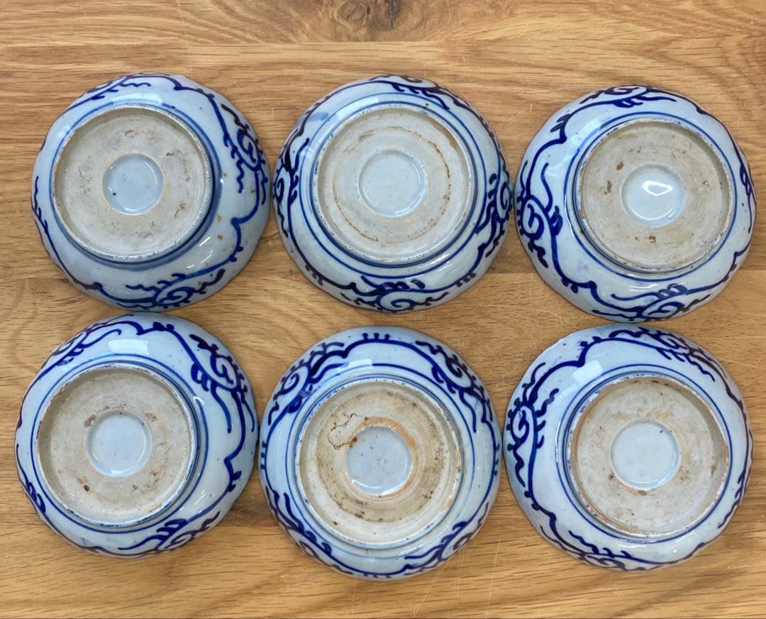 値下！藍古染付 古伊万里 松竹梅 タコ唐草紋　6枚セット　13.5cm なます皿