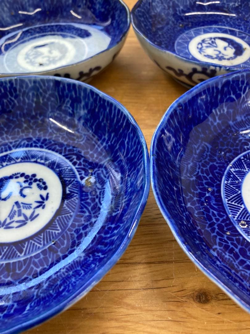 値下！藍古染付 古伊万里 松竹梅 タコ唐草紋　6枚セット　13.5cm なます皿