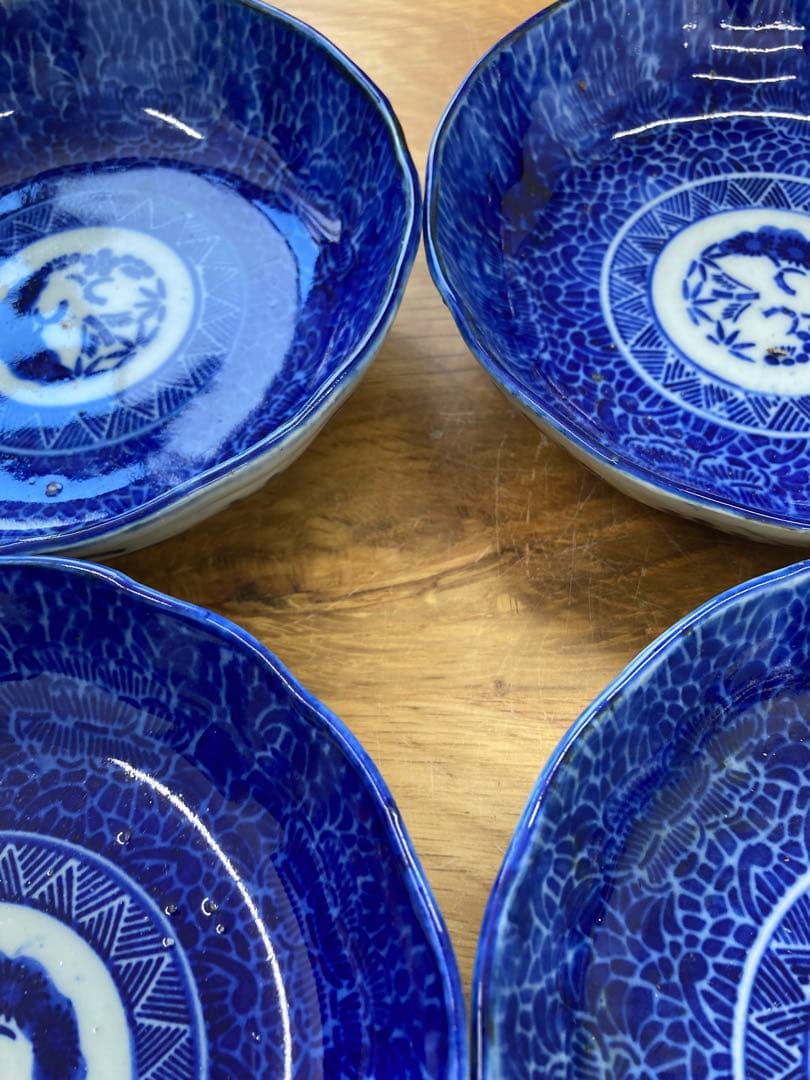値下！藍古染付 古伊万里 松竹梅 タコ唐草紋　6枚セット　13.5cm なます皿