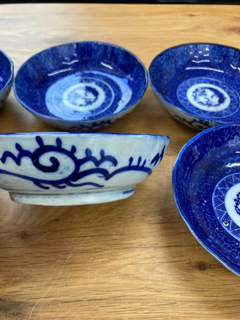 値下！藍古染付 古伊万里 松竹梅 タコ唐草紋　6枚セット　13.5cm なます皿