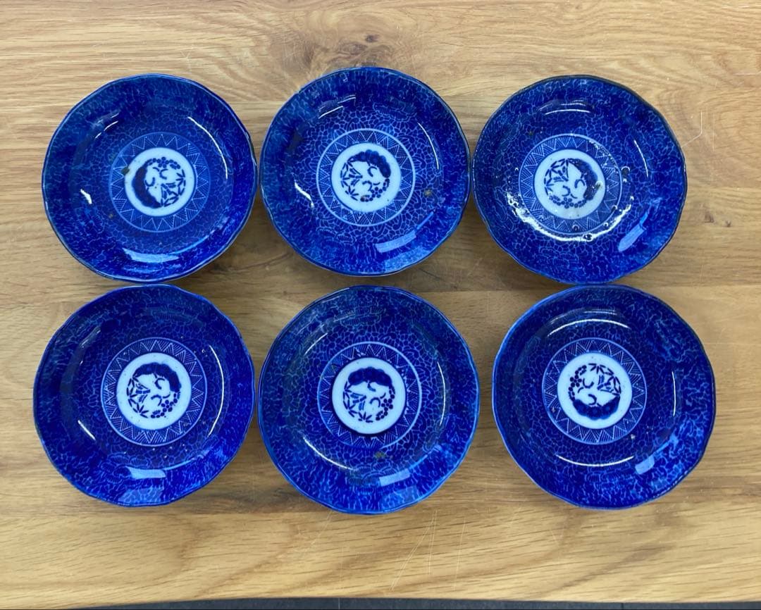 値下！藍古染付 古伊万里 松竹梅 タコ唐草紋　6枚セット　13.5cm なます皿