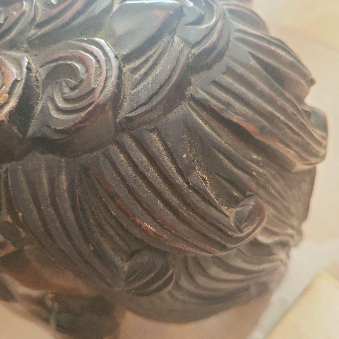 木製獅子彫刻 竹模様 シーサー 2体