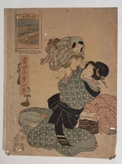 浮世絵五色墨黄(稀版画)溪斎英泉画 弘化頃出版状態悪くジャンク品 おまけ２コ付き