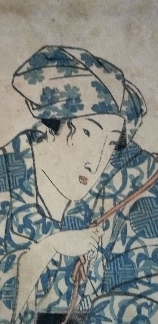 浮世絵五色墨黄(稀版画)溪斎英泉画 弘化頃出版状態悪くジャンク品 おまけ２コ付き