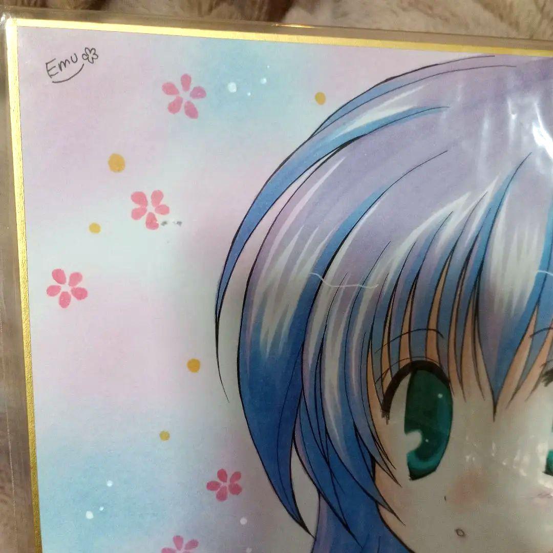 Emu 直筆　イラスト 高校生　美少女 水色髪　直筆サイン入り　イラスト色紙