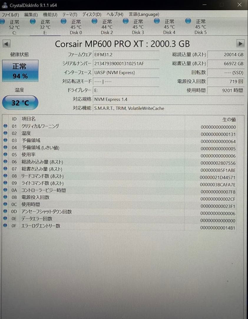 CORSAIR MP600 PRO XT 2TB Gen4 動作良好