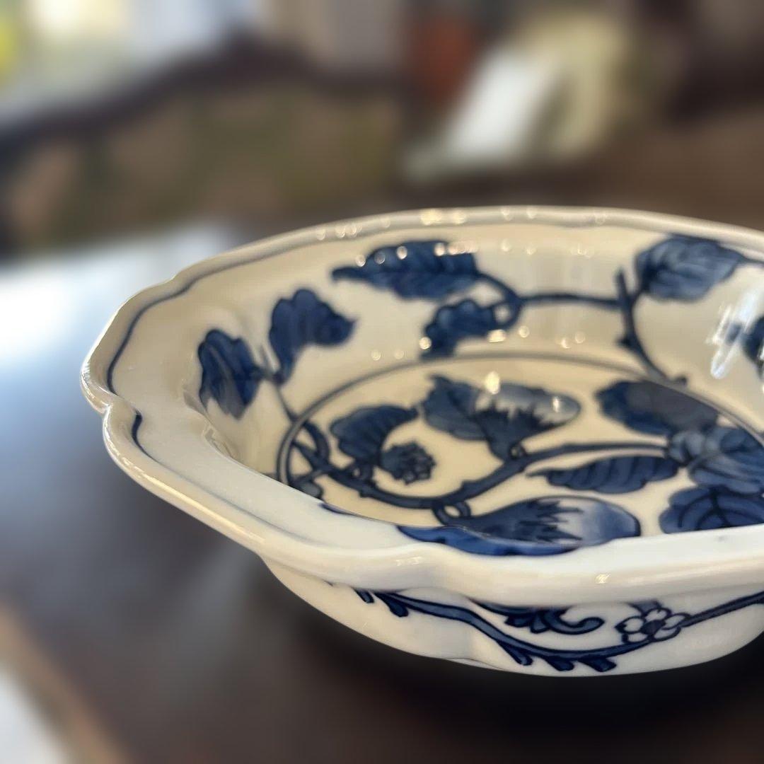 有田焼　源右衛門　染め付け　茄子文 輪花八角形陶器浅鉢　二個組