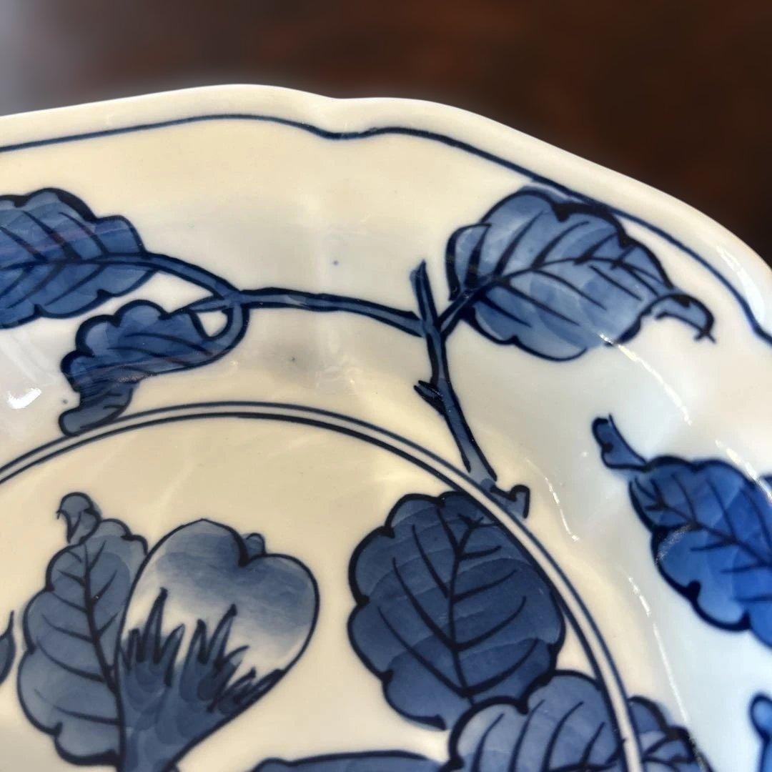 有田焼　源右衛門　染め付け　茄子文 輪花八角形陶器浅鉢　二個組