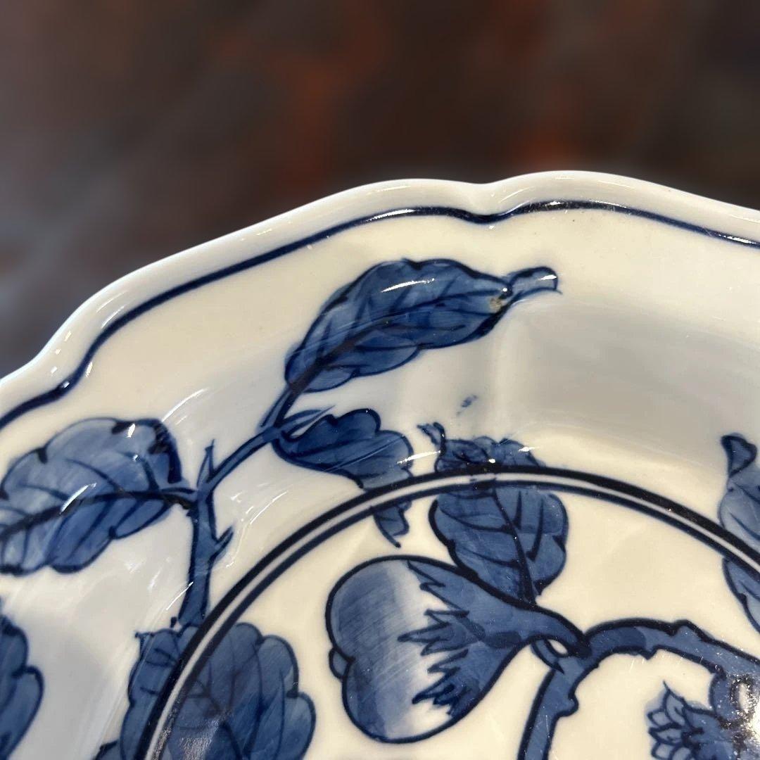 有田焼　源右衛門　染め付け　茄子文 輪花八角形陶器浅鉢　二個組