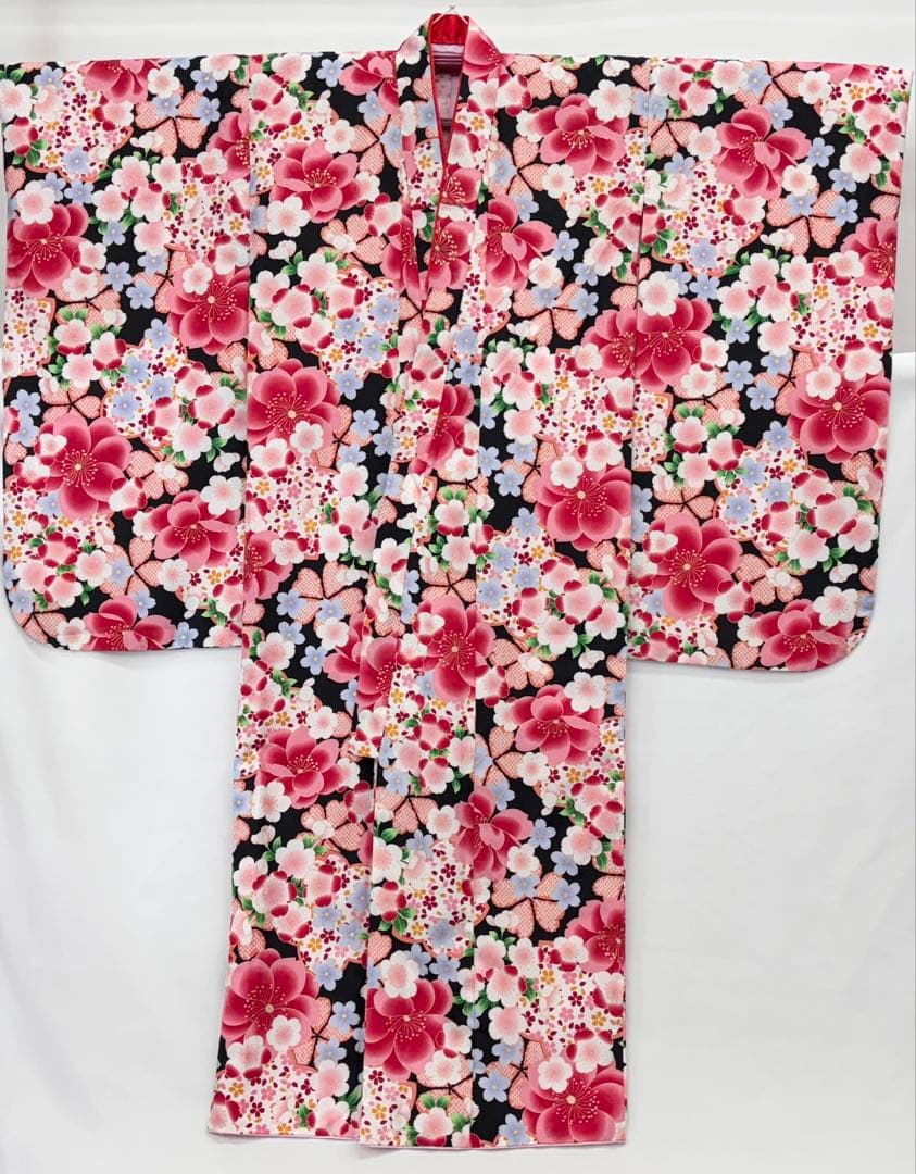 七五三　7ー8才女児　着物・はこせこセット　花々桜《子供493》#江戸小もーん