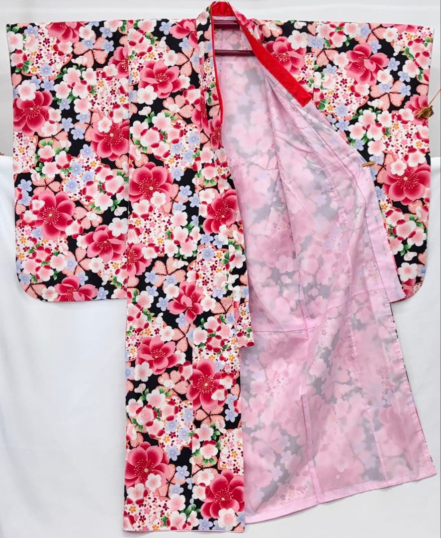 七五三　7ー8才女児　着物・はこせこセット　花々桜《子供493》#江戸小もーん