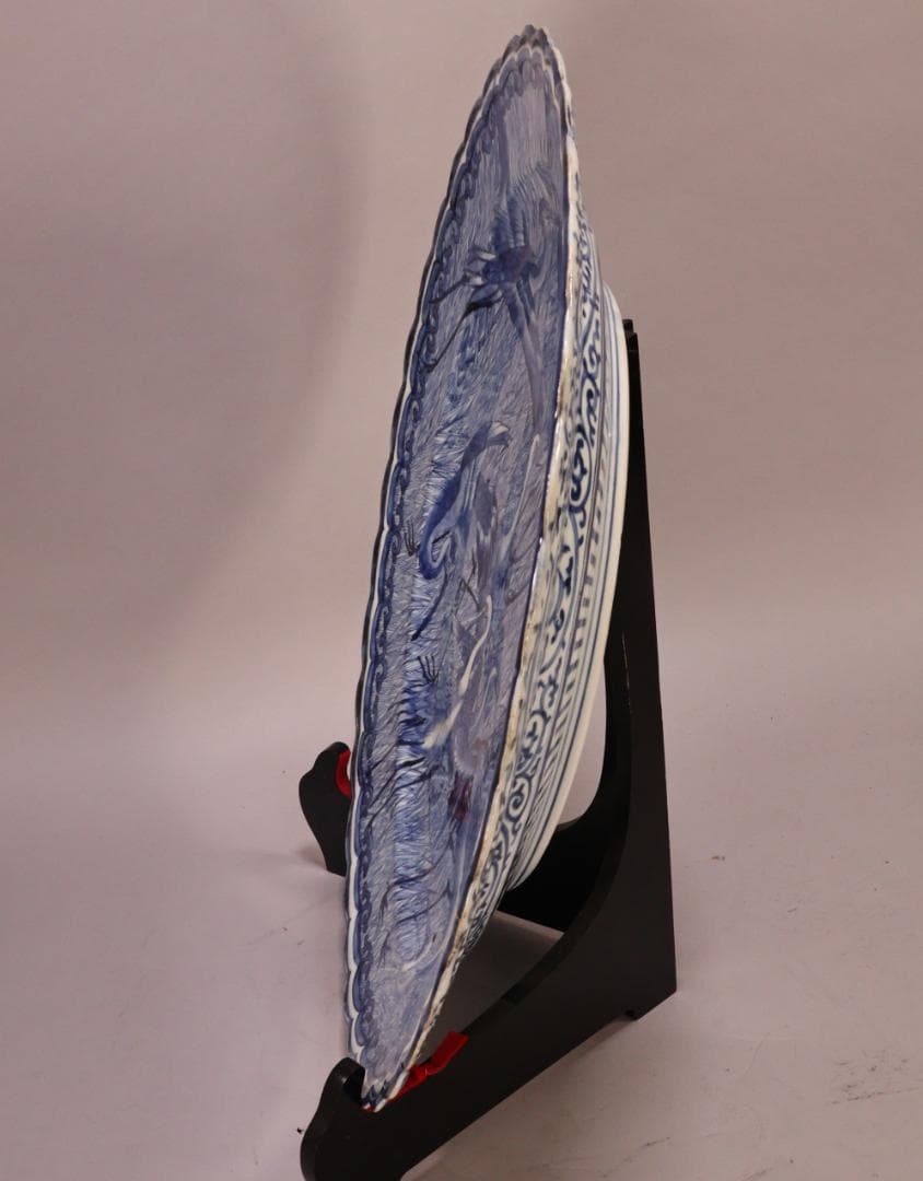 BK266　江戸期　古伊万里　大明成化年製銘　古染付郡鷺文様　大皿　1尺7寸