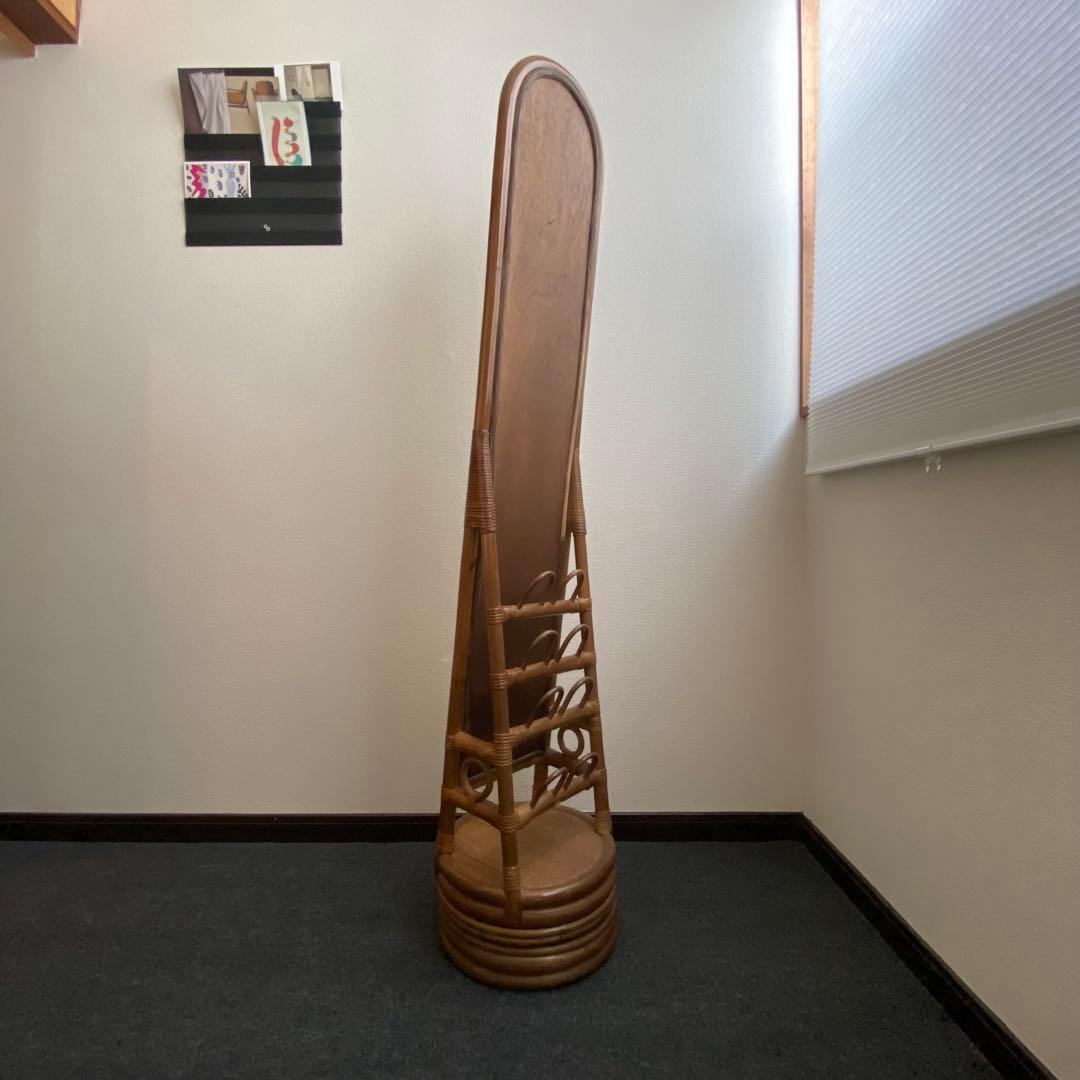 籐 ラタンフレーム 回転式 スタンドミラー 姿見鏡 全身鏡 回転鏡 回転ミラー