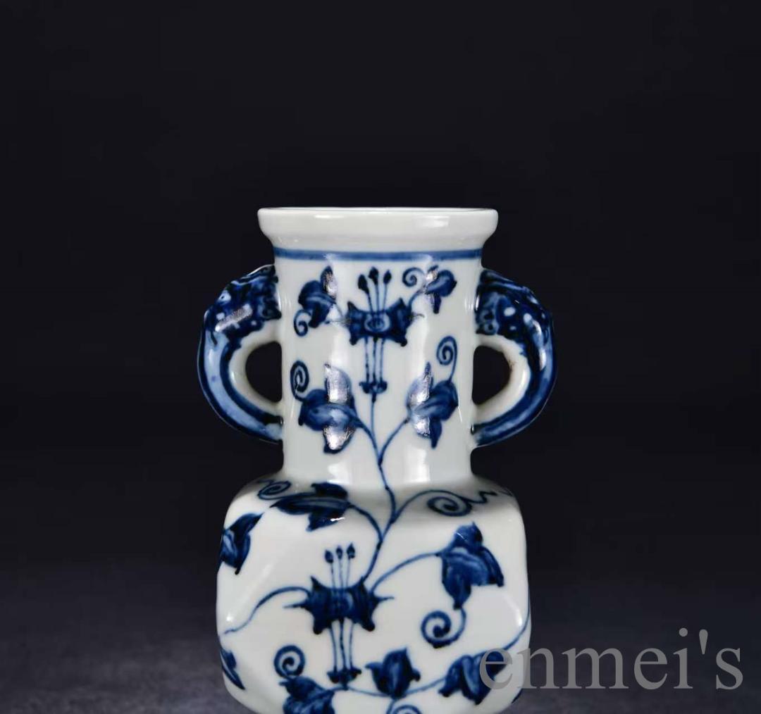 中国古美術・大明宣徳紋・青花花紋両耳瓶・花瓶・唐物・陶磁器・青花磁・朝顔紋・賞物