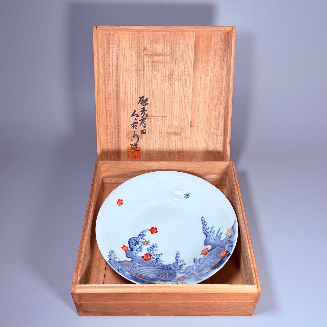 肥前有田　十二代今右衛門造　錦波桜絵文様菓子器　共箱　22cm　国重要無形文化財