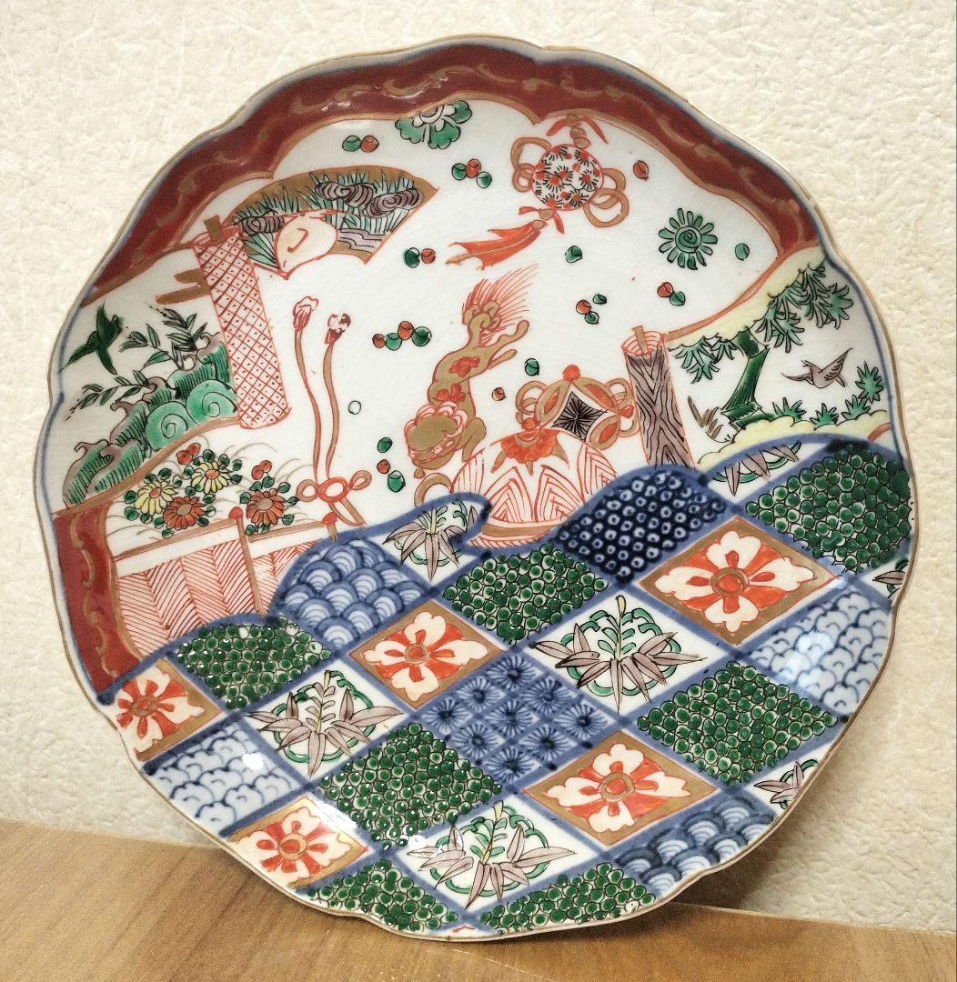 2枚組　色絵　唐獅子　花鳥文　七寸皿