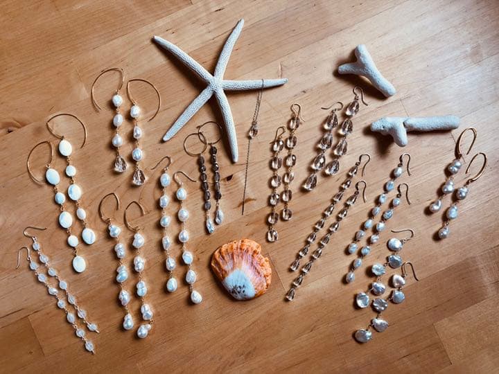 217★花びらケシパールのスウィングチェーンドロップピアス