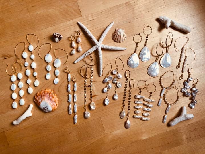 217★花びらケシパールのスウィングチェーンドロップピアス