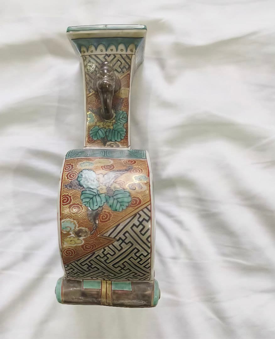 古九谷 双耳扁壷 庄三作 手描竹林人物図 古美術 時代物 蒐集家放出骨董 美品
