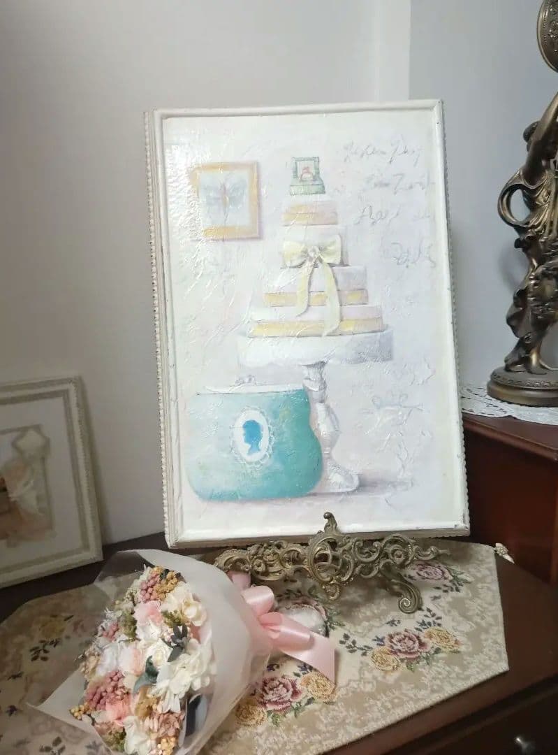 額絵　壁飾り 絵画 ケーキと装飾品　フランス　ホワイトシャビー　絵画　姫系