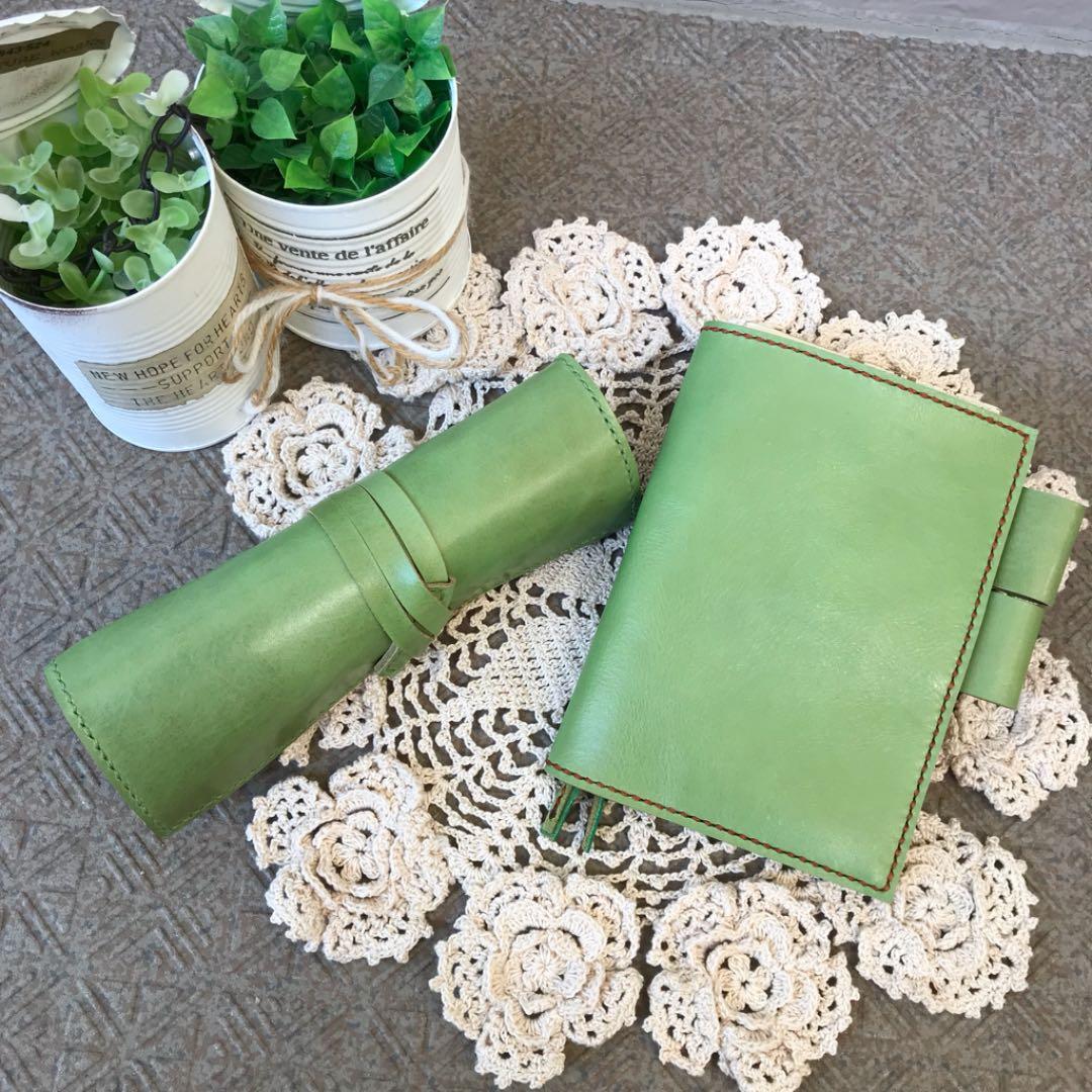 ご確認用 ヌメ革 リーフグリーン A6 手帳カバー ロールペンケース 牛革 本革