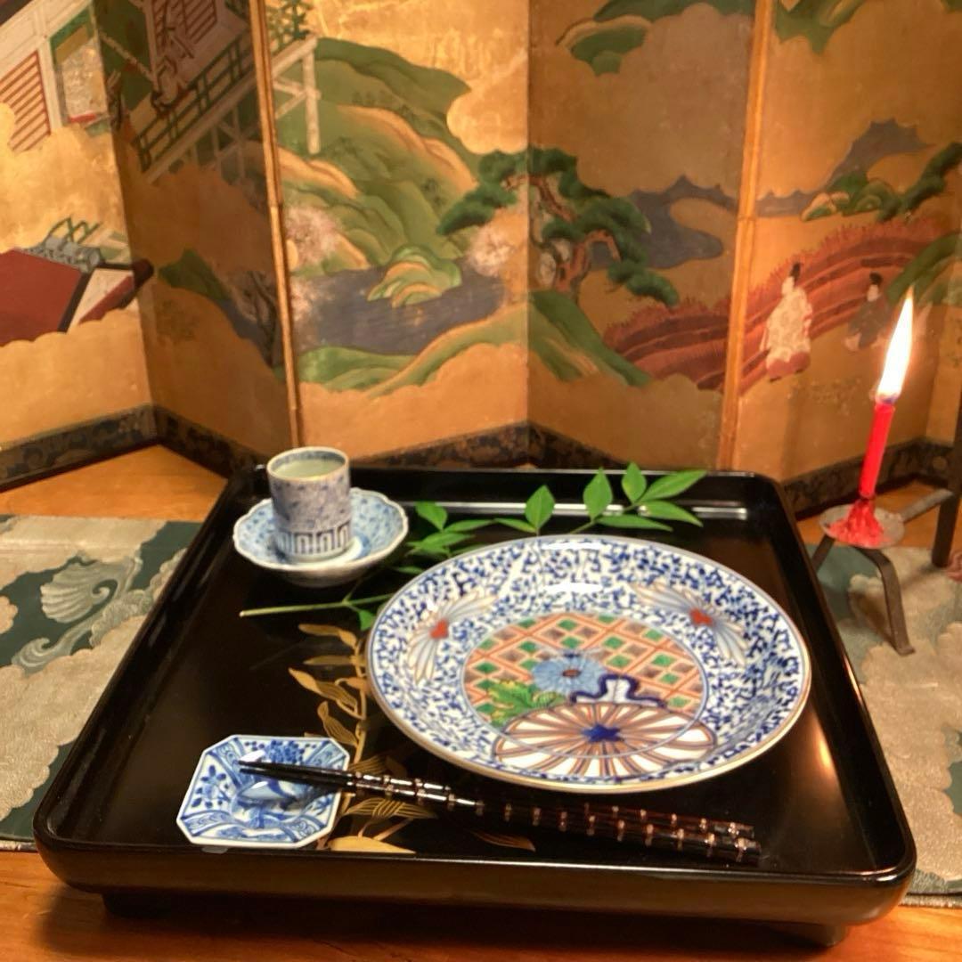 A904大聖寺伊万里　染錦手　『渦福』金縁　萩唐草　菊花紋様　　7寸皿　5枚