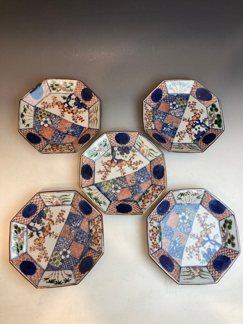 須田青華 作 色絵祥瑞八角皿５枚組 共箱 懐石料理 日本料理