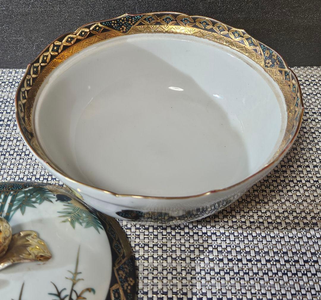極美品❗】明治〜大正時代　金襴手　松竹梅に金彩菊摘み　蓋物　蓋付鉢　16.2cm