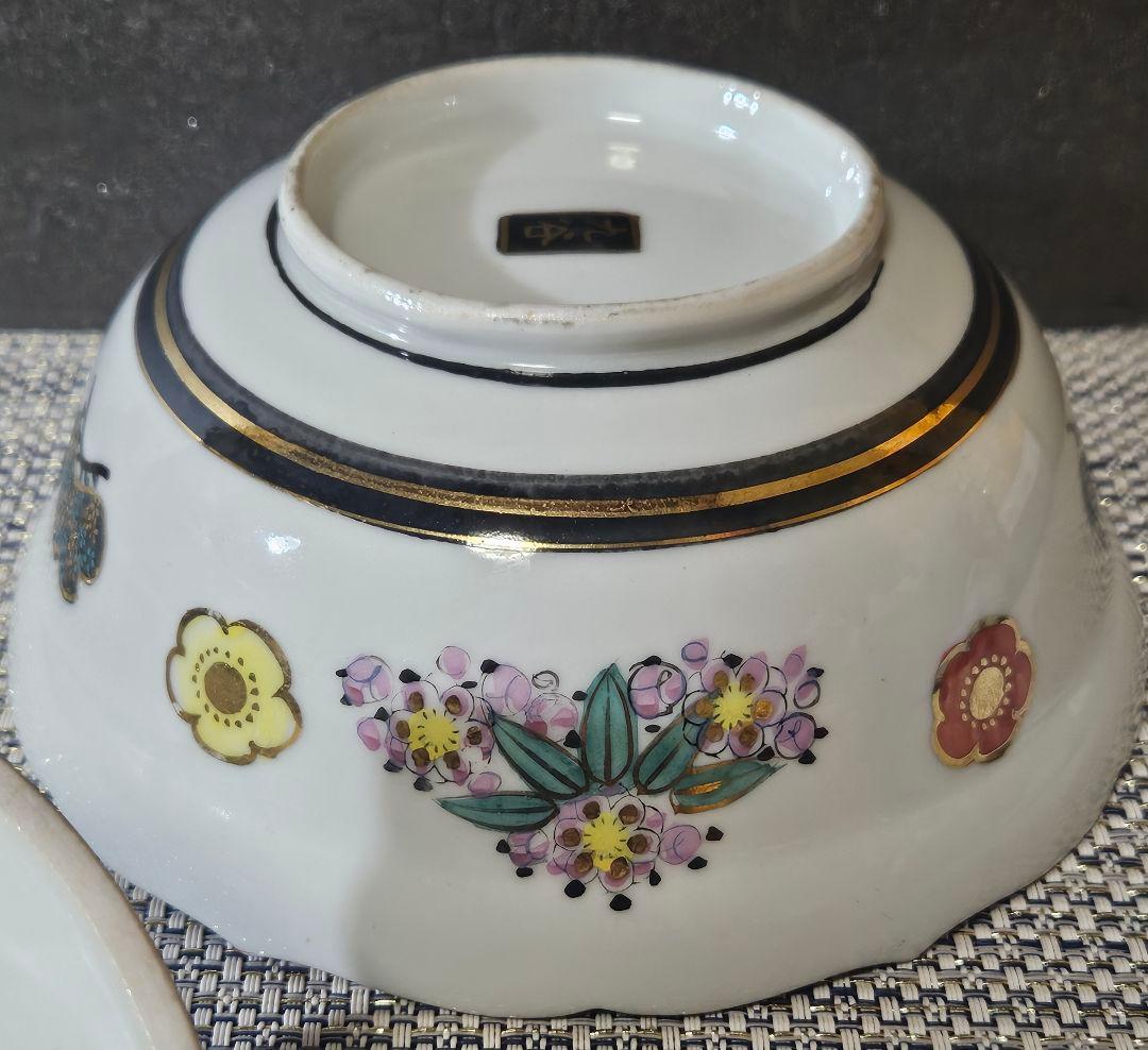 極美品❗】明治〜大正時代　金襴手　松竹梅に金彩菊摘み　蓋物　蓋付鉢　16.2cm