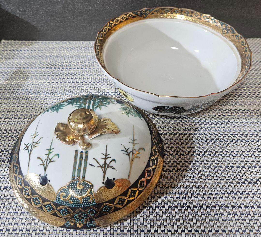 極美品❗】明治〜大正時代　金襴手　松竹梅に金彩菊摘み　蓋物　蓋付鉢　16.2cm