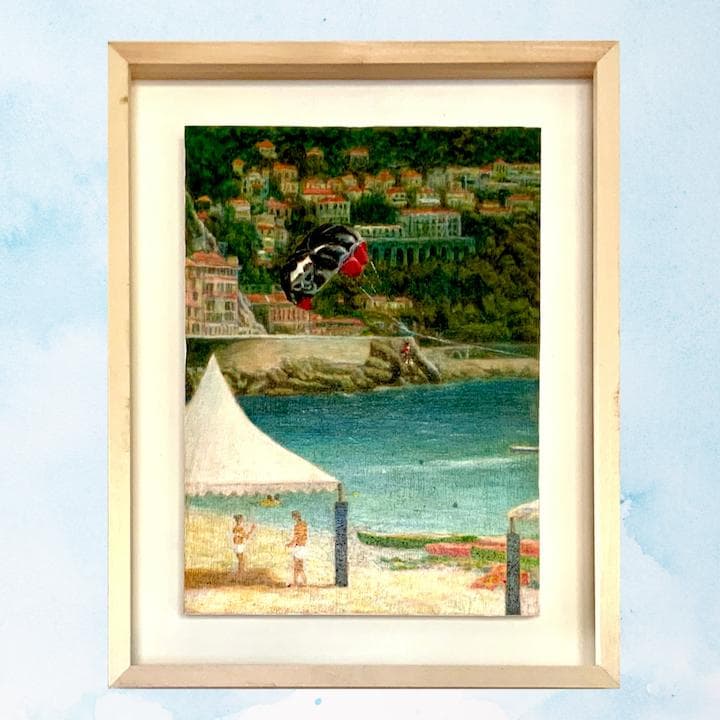 風景画/南仏リゾートの街「ニースの海辺」油絵F4 木製フレーム付き